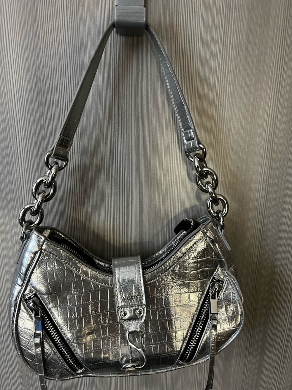 Aldo Silver Croc-Embossed Shoulder Bag with Chain-Link Detail